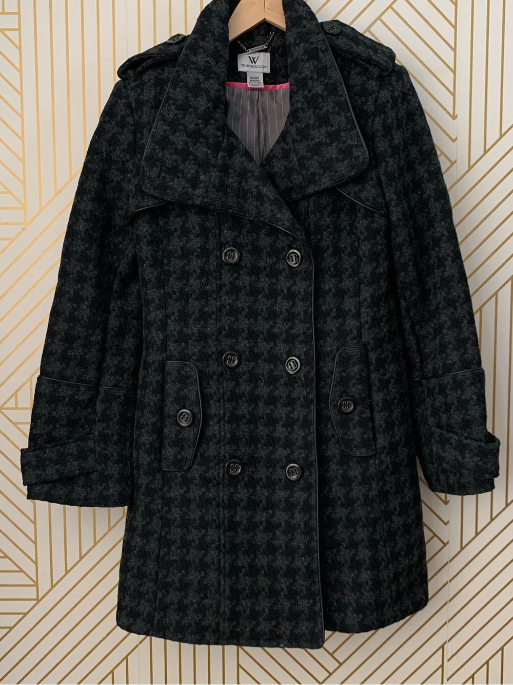 Vintage Wool Blend Houndstooth double breasted Peacoat pea coat preppy old money
